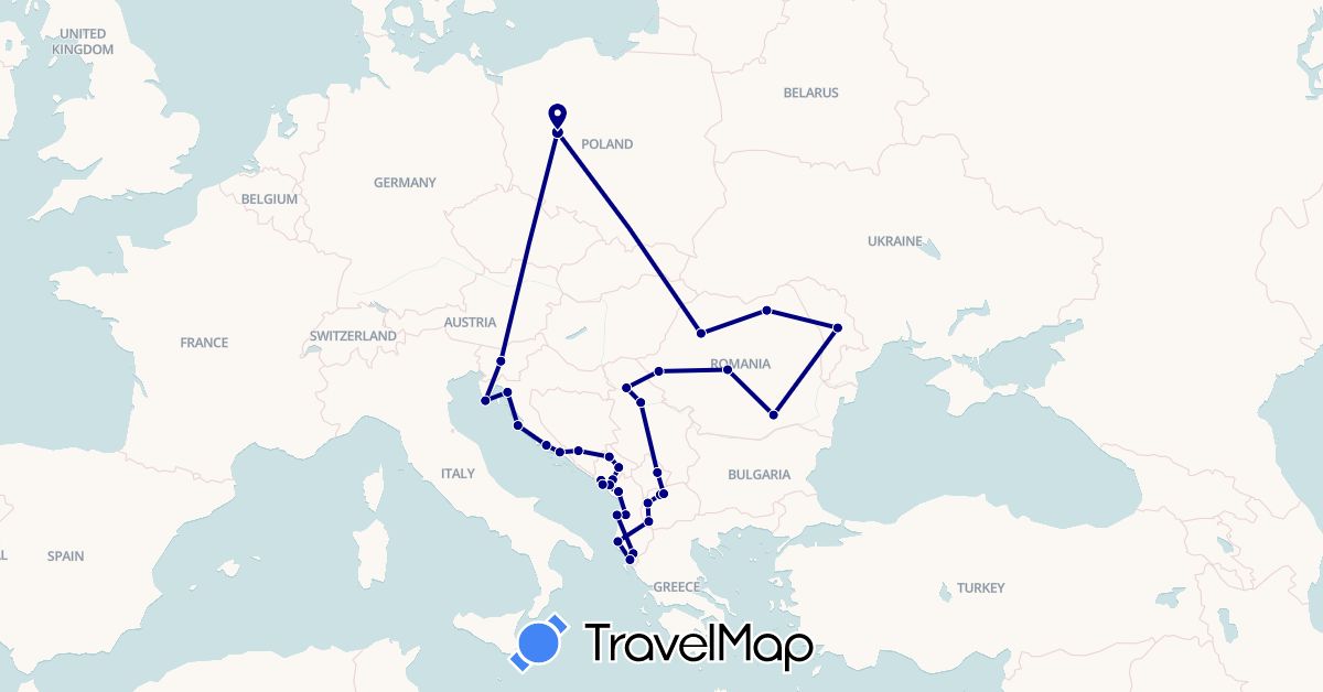 TravelMap itinerary: driving in Albania, Bosnia and Herzegovina, Croatia, Moldova, Montenegro, Macedonia, Poland, Romania, Serbia, Slovenia, Kosovo (Europe)